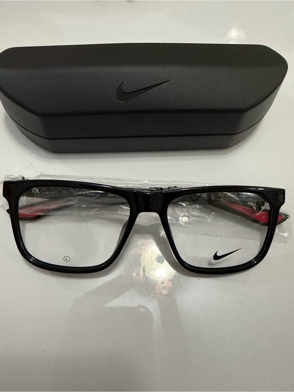 Nike Black and Red Rectangular Eyeglass Frames with Case
